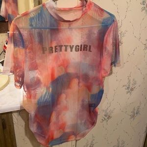 Plus size letter graphic tie dye sheer mesh top